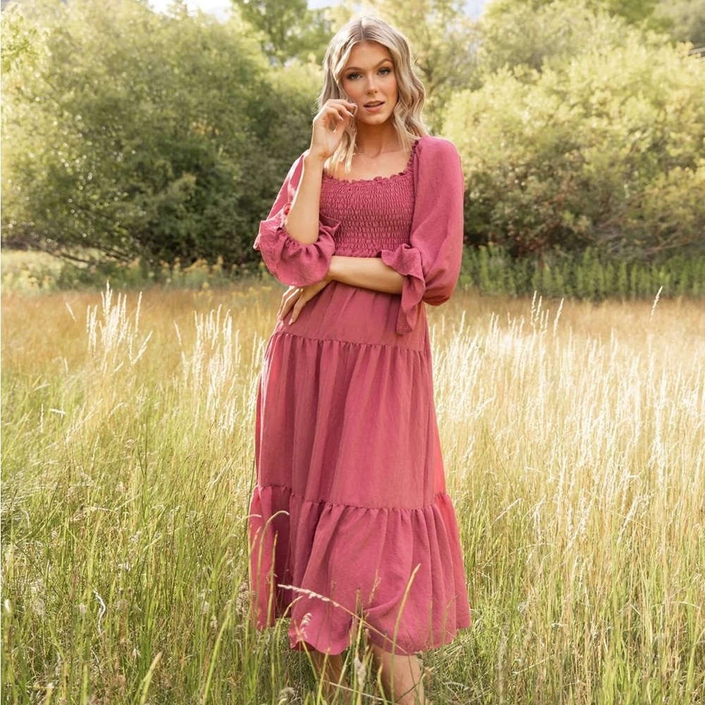 NWT Jovi Lynn Smocked Midi Dress with Pockets - Deep Pink Berry